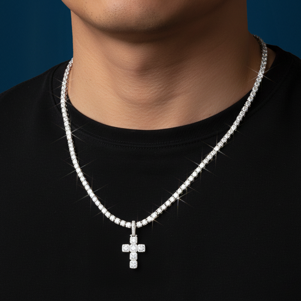 Moissanite Halo Cross Pendant 14K Gold